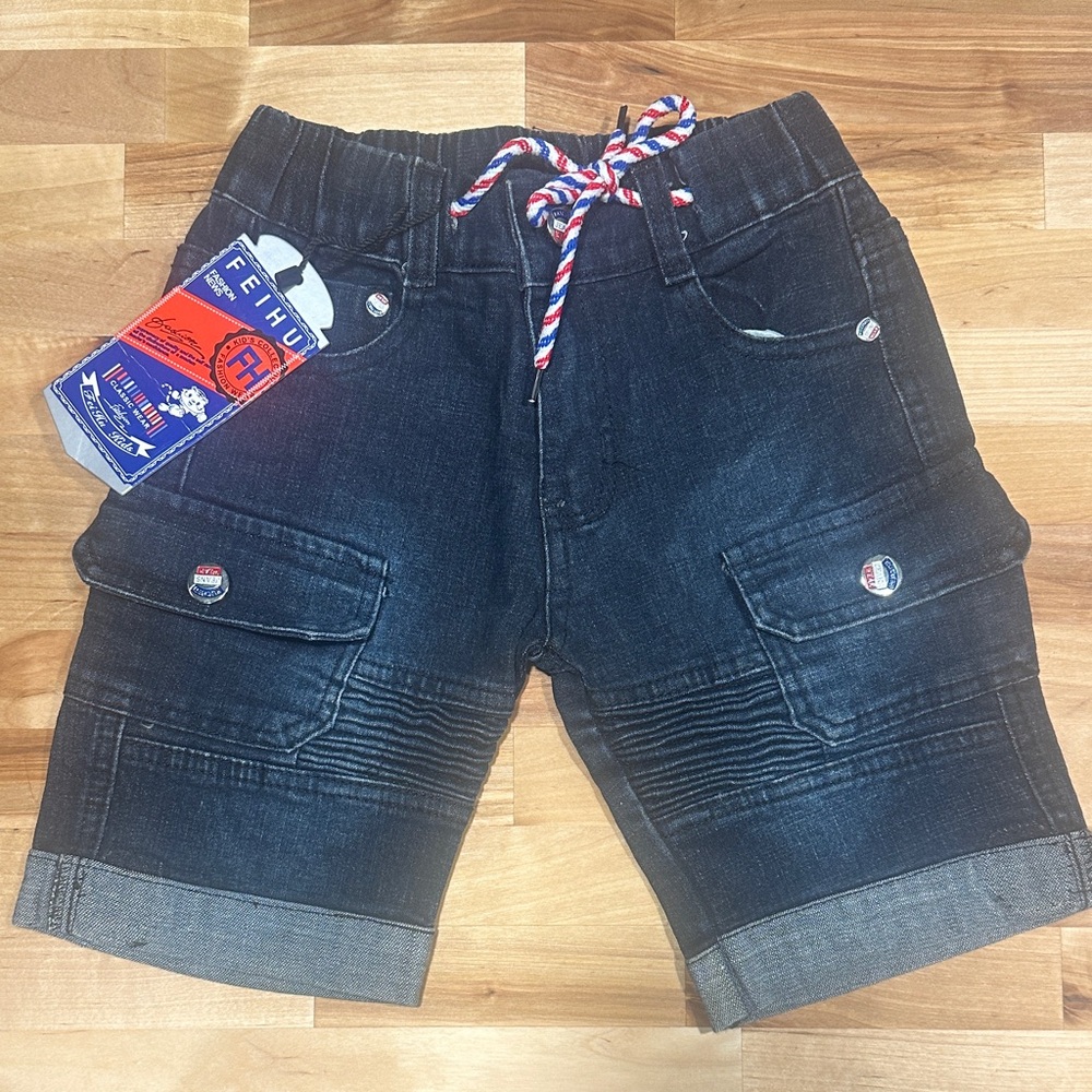 Kids Navy Denim Cargo Shorts with Red-White-Blue Drawstring